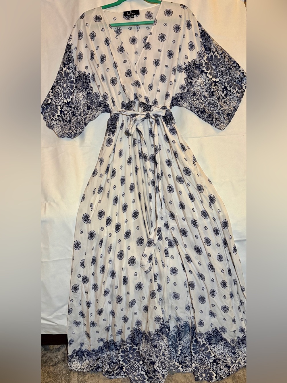 NWT Lulus Boho Navy Blue White Tile Print Kimono Maxi Dress Resort Wear XL